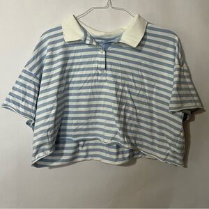Offline by Aerie Blue & White Striped Cropped Polo Shirt Size X-Large
